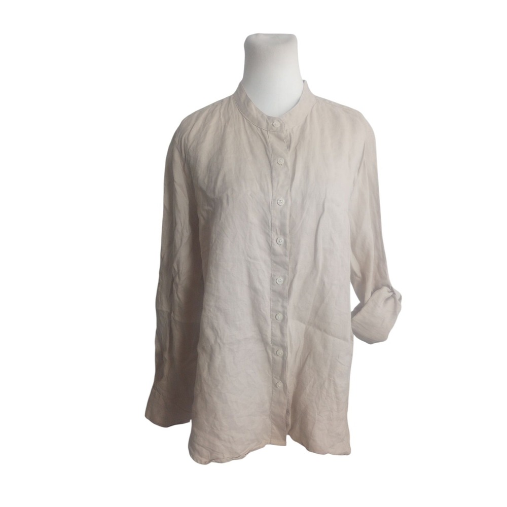 Ann Taylor Shirt Women's Large Tan Biege Natural Linen Long Sleeve Button Up